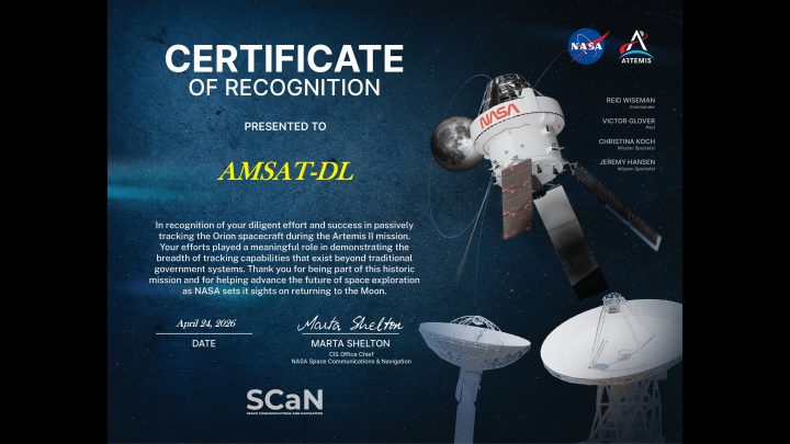 NASA ehrt AMSAT-DL für Beitrag zur Artemis-II-Mission